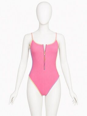 LoveShackFancy x Beach Riot Pink Zip Front One Piece Swimsuit Size L NWOT